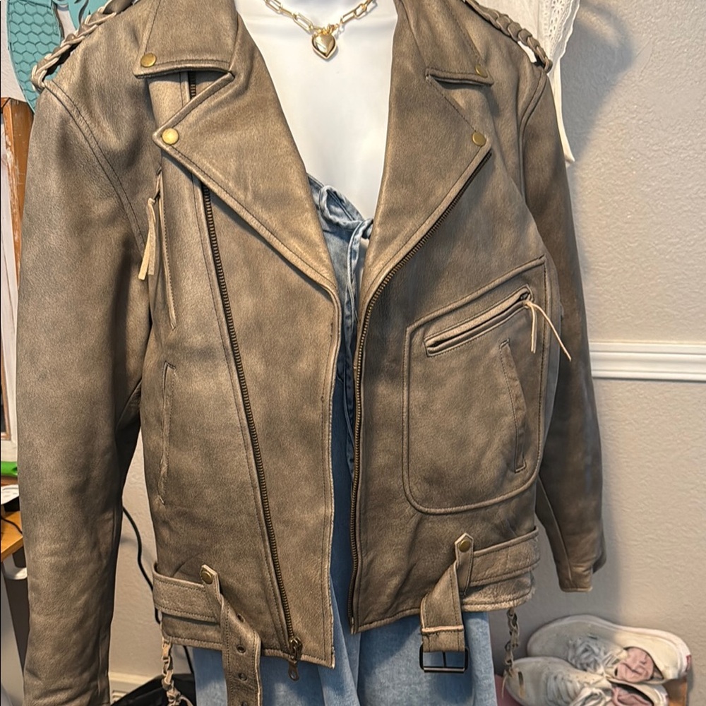 Tan and Gold Leather Motorcycle Jacket with Asymmetrical Zippers